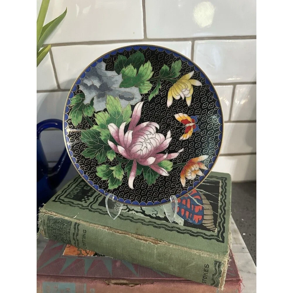 Vintage Japanese Cloisonne Jingfa Floral Enamel 6” Round Plate Turquoise Golden